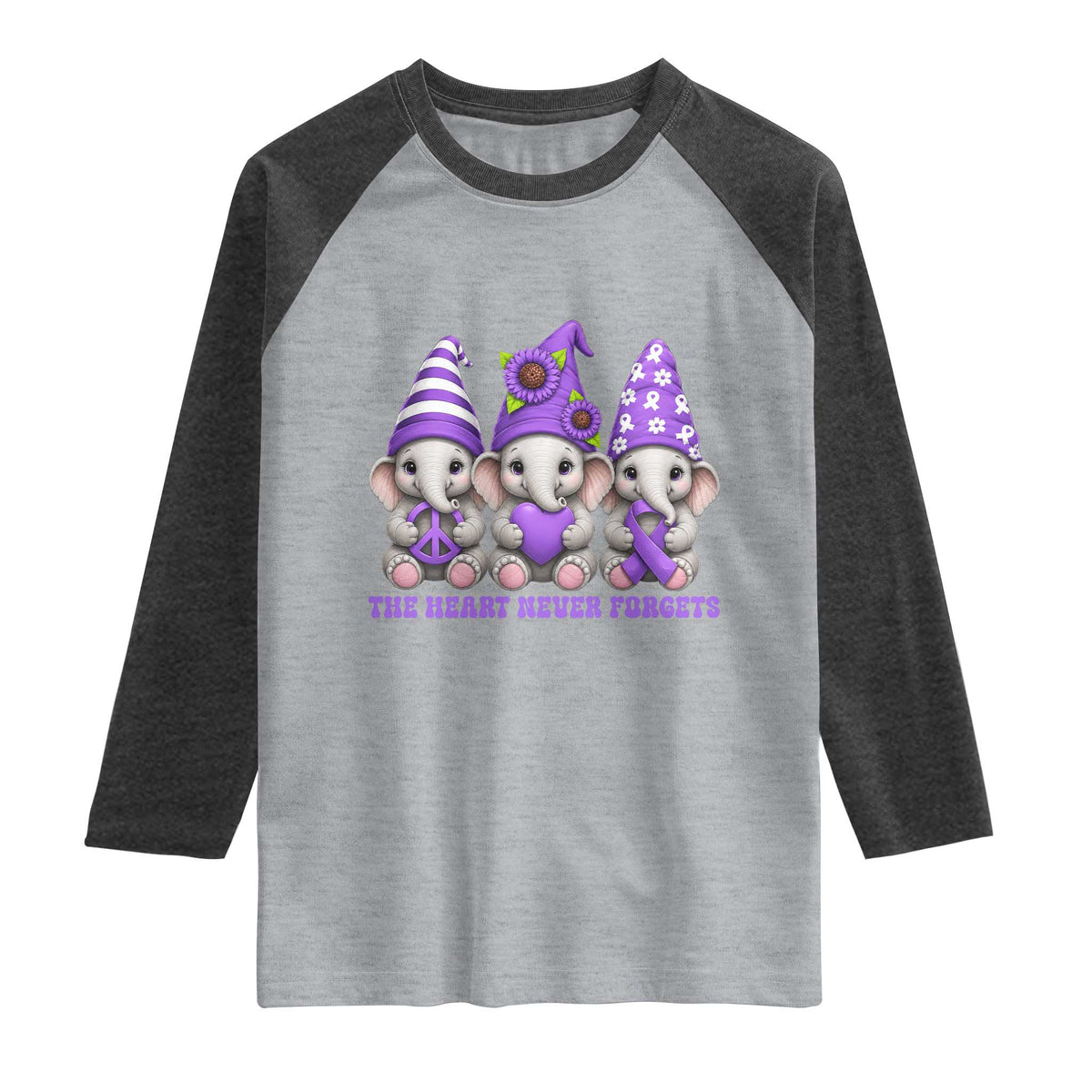 Cute Elephant Gnome Purple Ribbon Alzheimer's Support Raglan Shirt The Heart Never Forgets
