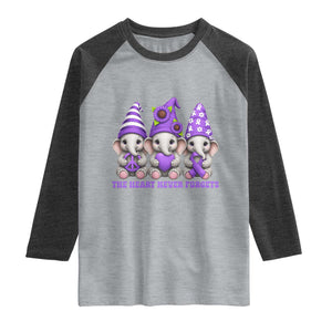 Cute Elephant Gnome Purple Ribbon Alzheimer's Support Raglan Shirt The Heart Never Forgets