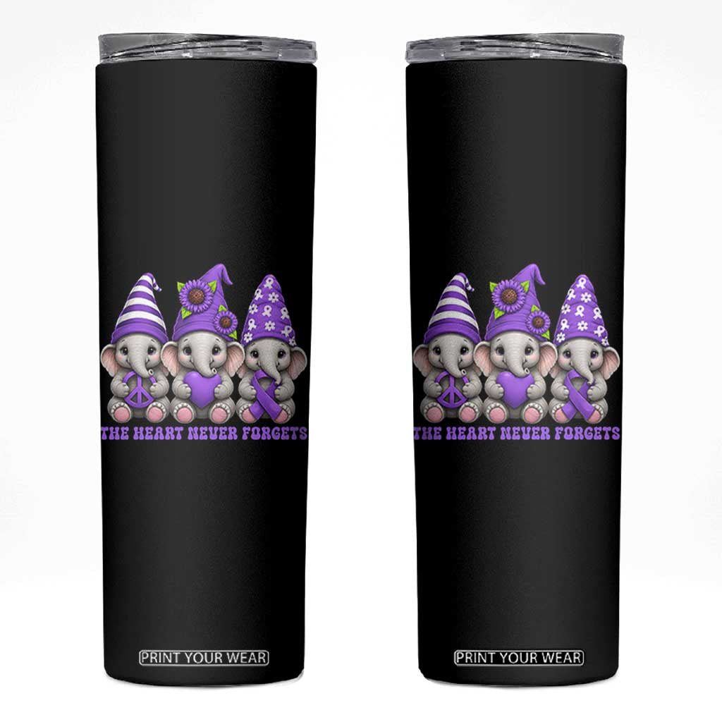 Cute Elephant Gnome Purple Ribbon Alzheimer's Support Skinny Tumbler The Heart Never Forgets TS12 Black Print Your Wear