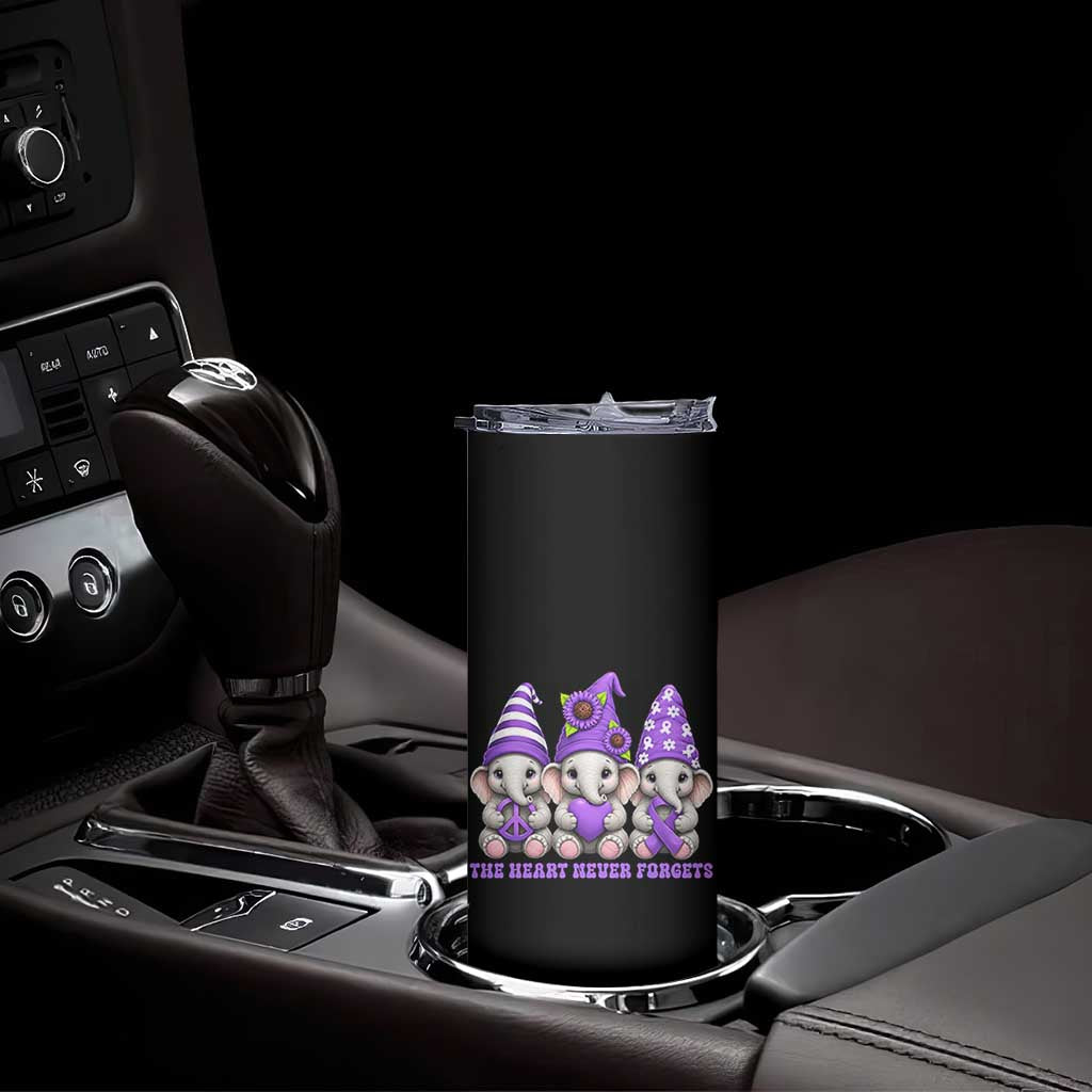 Cute Elephant Gnome Purple Ribbon Alzheimer's Support Skinny Tumbler The Heart Never Forgets