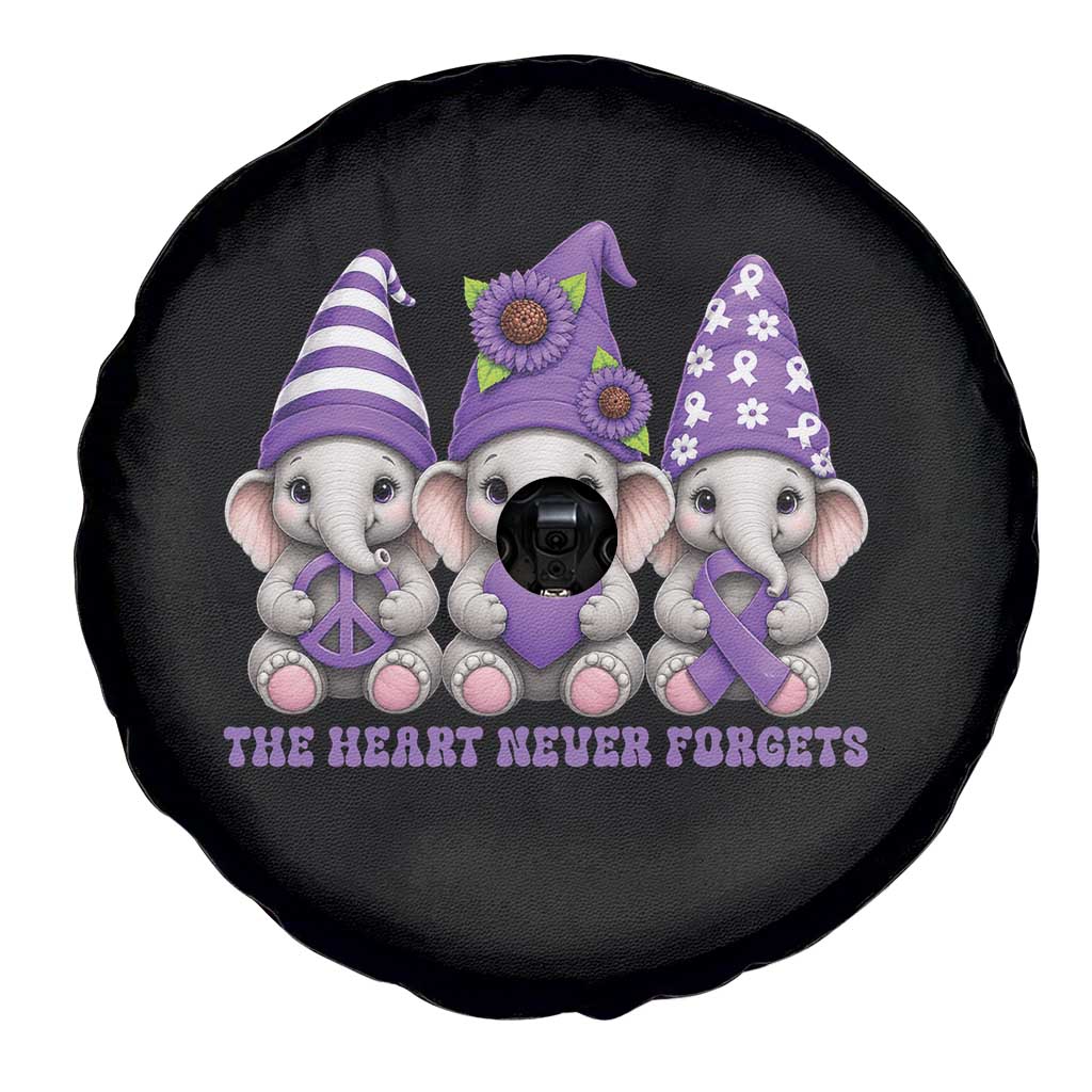 Cute Elephant Gnome Purple Ribbon Alzheimer's Support Spare Tire Cover The Heart Never Forgets