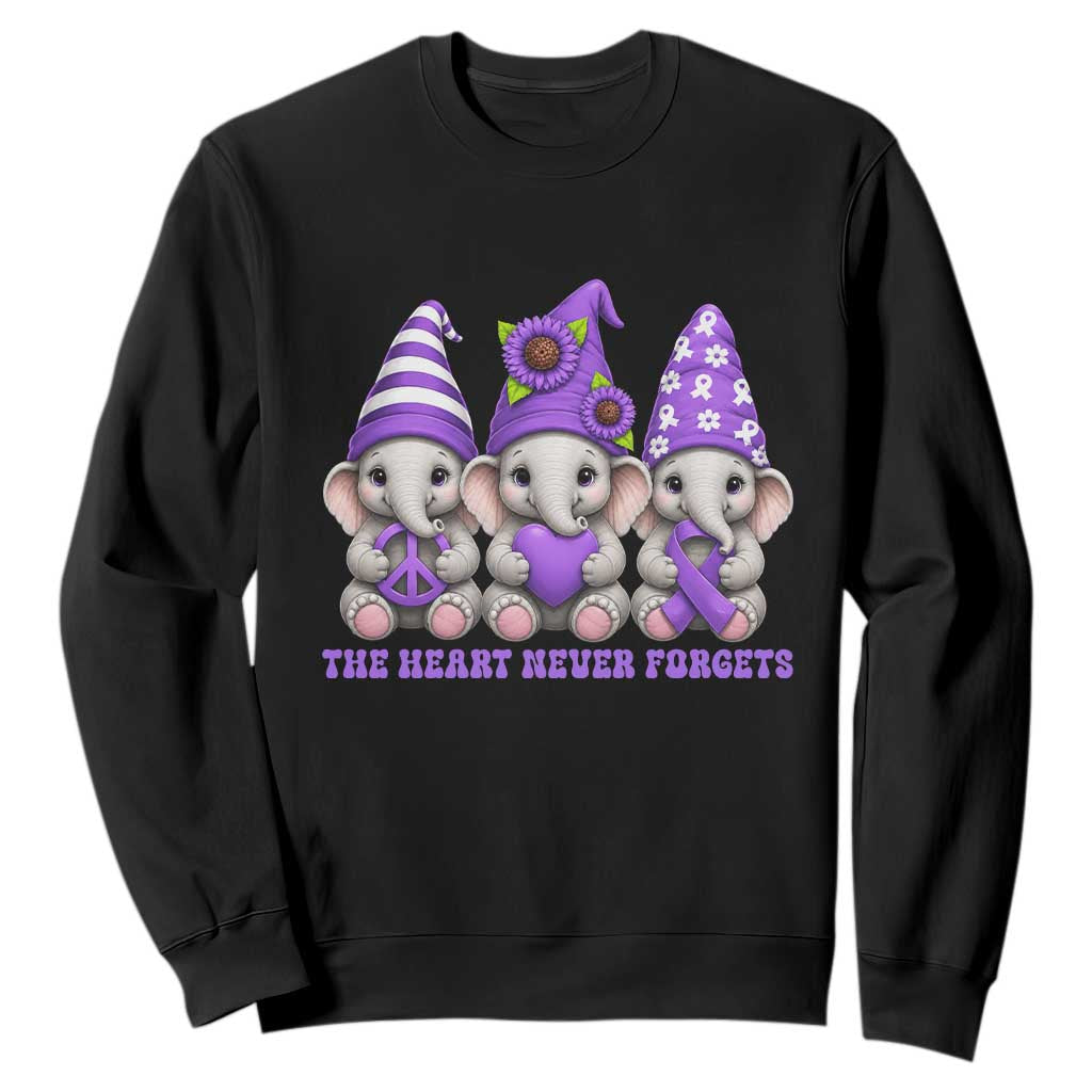Cute Elephant Gnome Purple Ribbon Alzheimer's Support Sweatshirt The Heart Never Forgets