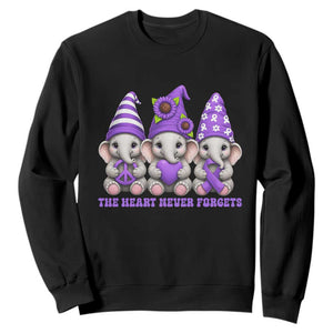Cute Elephant Gnome Purple Ribbon Alzheimer's Support Sweatshirt The Heart Never Forgets