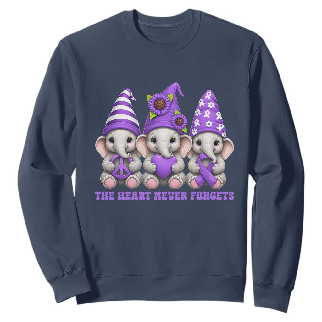 Cute Elephant Gnome Purple Ribbon Alzheimer's Support Sweatshirt The Heart Never Forgets