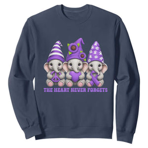 Cute Elephant Gnome Purple Ribbon Alzheimer's Support Sweatshirt The Heart Never Forgets