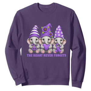 Cute Elephant Gnome Purple Ribbon Alzheimer's Support Sweatshirt The Heart Never Forgets
