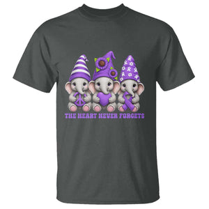 Cute Elephant Gnome Purple Ribbon Alzheimer's Support T Shirt The Heart Never Forgets