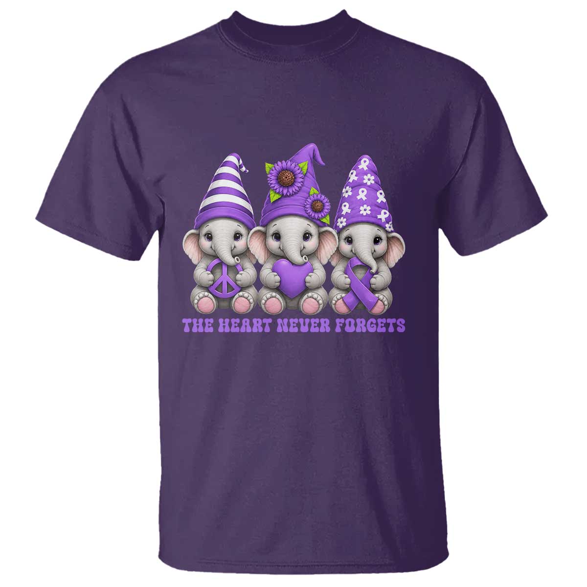 Cute Elephant Gnome Purple Ribbon Alzheimer's Support T Shirt The Heart Never Forgets TS12 Purple Print Your Wear