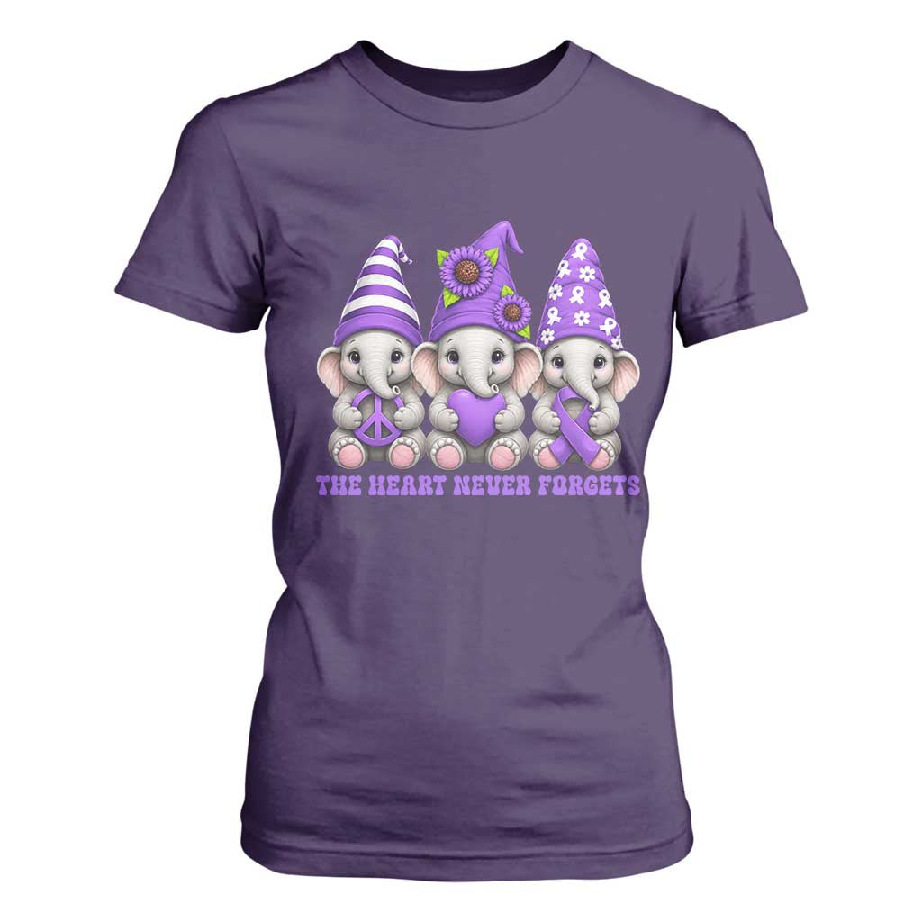 Cute Elephant Gnome Purple Ribbon Alzheimer's Support T Shirt For Women The Heart Never Forgets TS12 Purple Print Your Wear