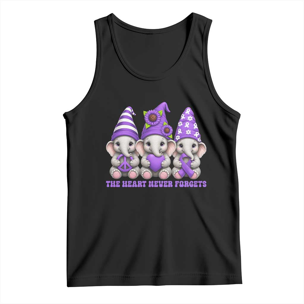 Cute Elephant Gnome Purple Ribbon Alzheimer's Support Tank Top The Heart Never Forgets TS12 Black Print Your Wear