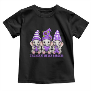 Cute Elephant Gnome Purple Ribbon Alzheimer's Support Toddler T Shirt The Heart Never Forgets