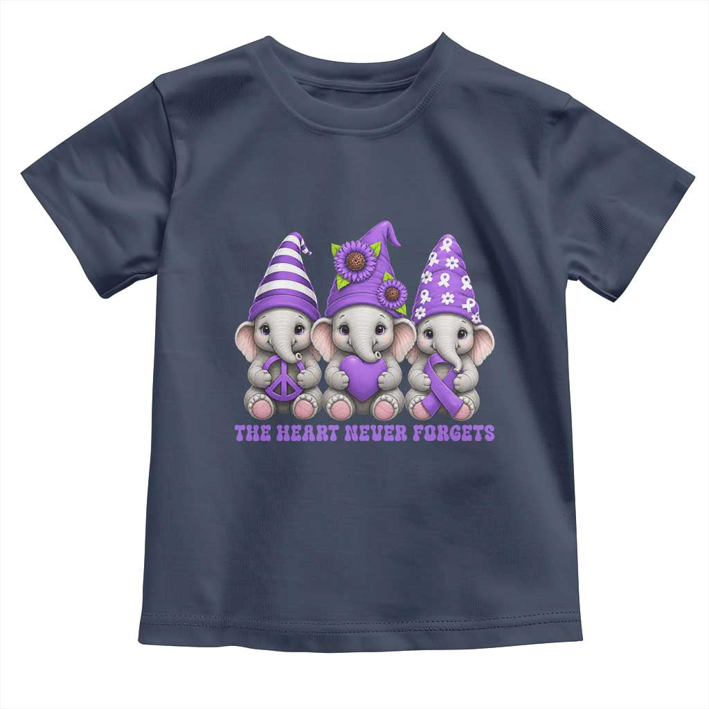 Cute Elephant Gnome Purple Ribbon Alzheimer's Support Toddler T Shirt The Heart Never Forgets