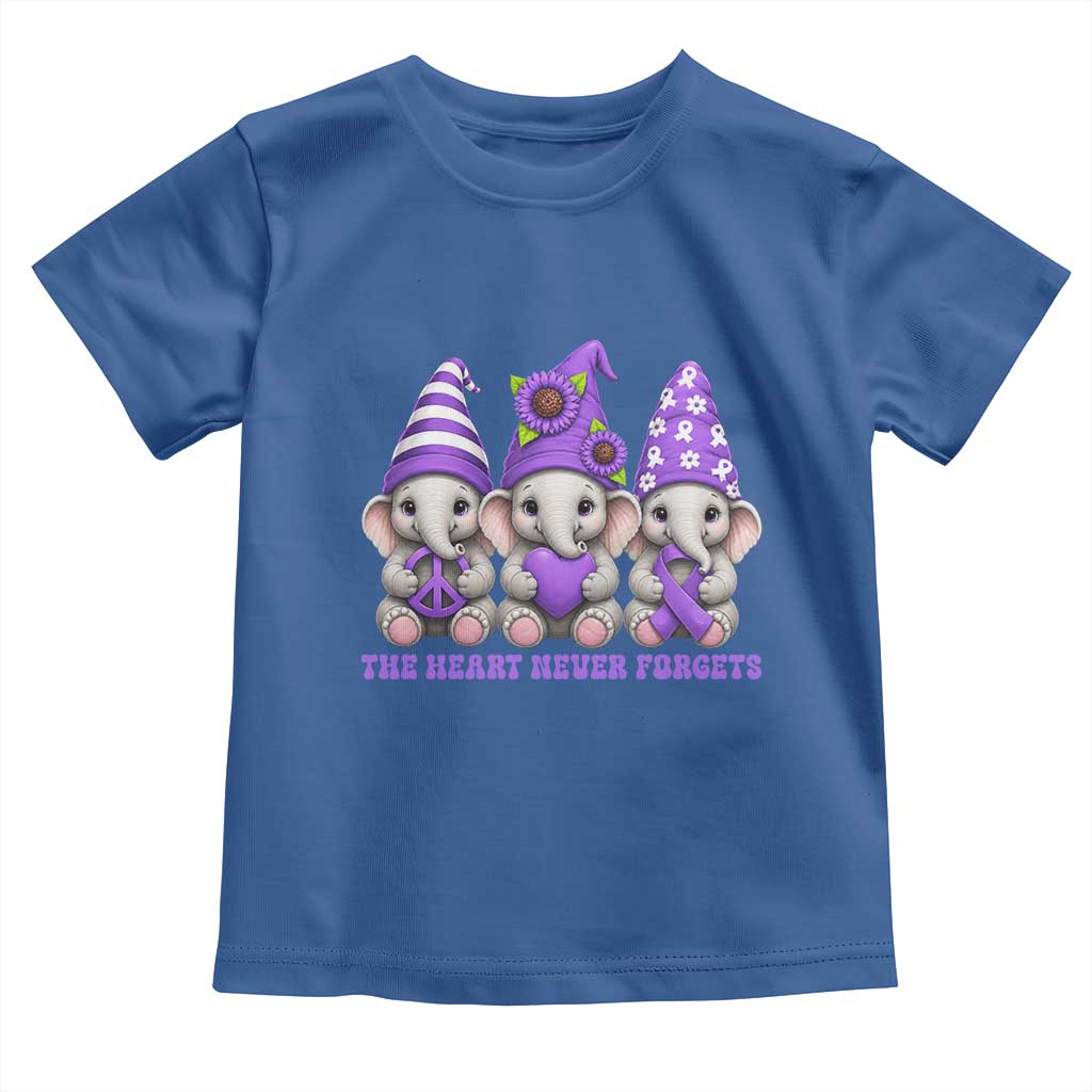 Cute Elephant Gnome Purple Ribbon Alzheimer's Support Toddler T Shirt The Heart Never Forgets