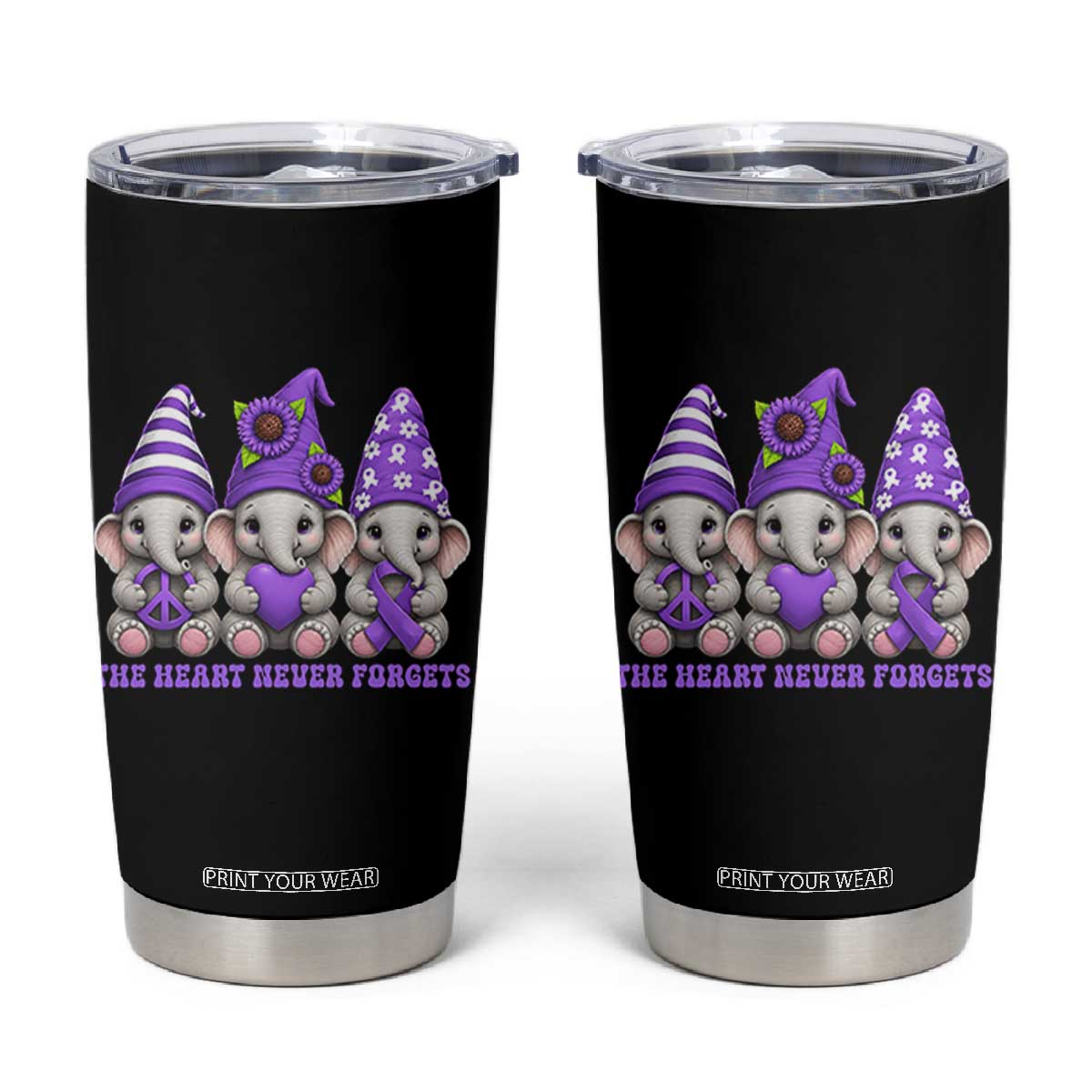 Cute Elephant Gnome Purple Ribbon Alzheimer's Support Tumbler Cup The Heart Never Forgets TS12 Black Print Your Wear
