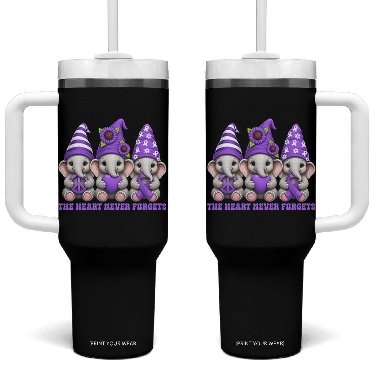 Cute Elephant Gnome Purple Ribbon Alzheimer's Support Tumbler With Handle The Heart Never Forgets TS12 One Size: 40 oz Black Print Your Wear