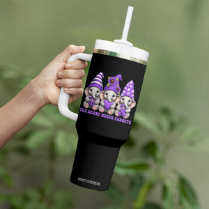 Cute Elephant Gnome Purple Ribbon Alzheimer's Support Tumbler With Handle The Heart Never Forgets