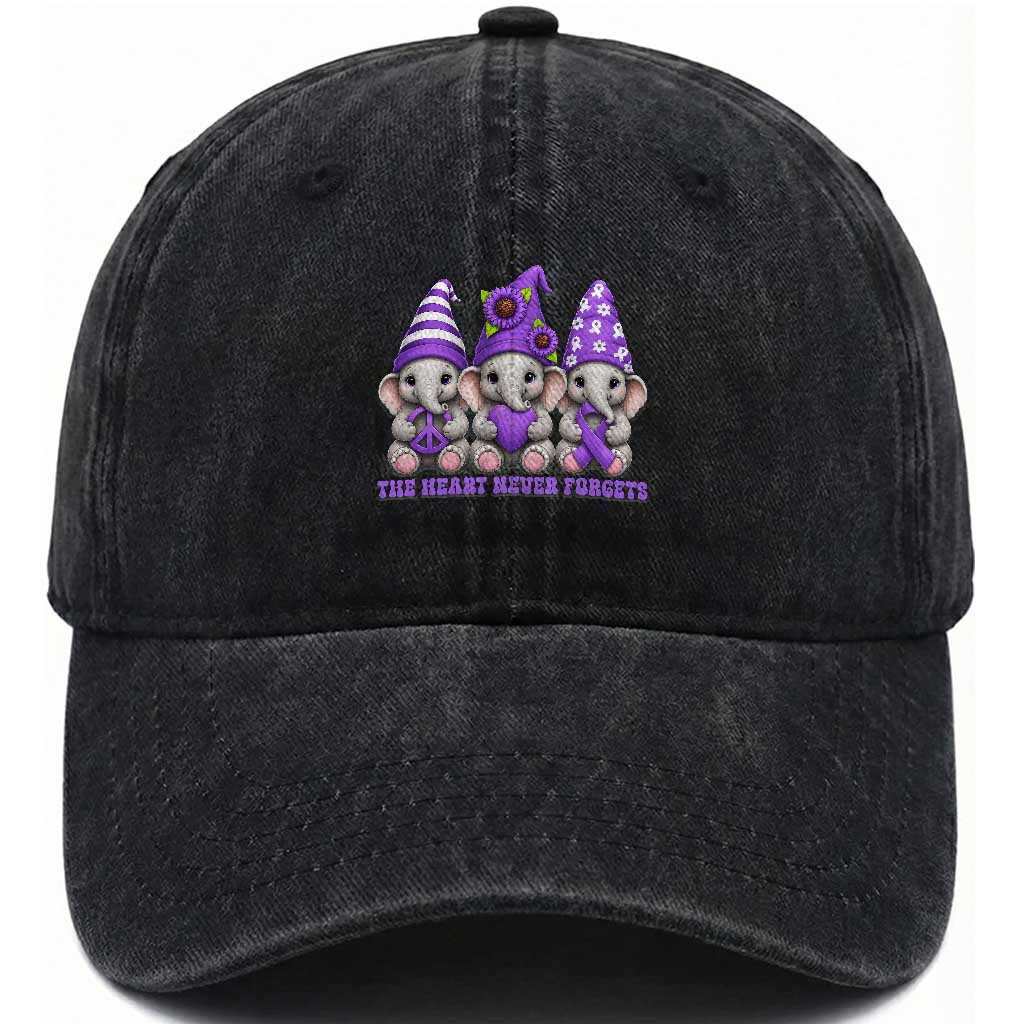 Cute Elephant Gnome Purple Ribbon Alzheimer's Support Washed Cotton Baseball Cap The Heart Never Forgets TS12 Print Your Wear