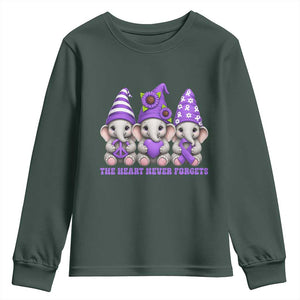 Cute Elephant Gnome Purple Ribbon Alzheimer's Support Youth Sweatshirt The Heart Never Forgets