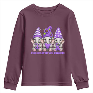 Cute Elephant Gnome Purple Ribbon Alzheimer's Support Youth Sweatshirt The Heart Never Forgets