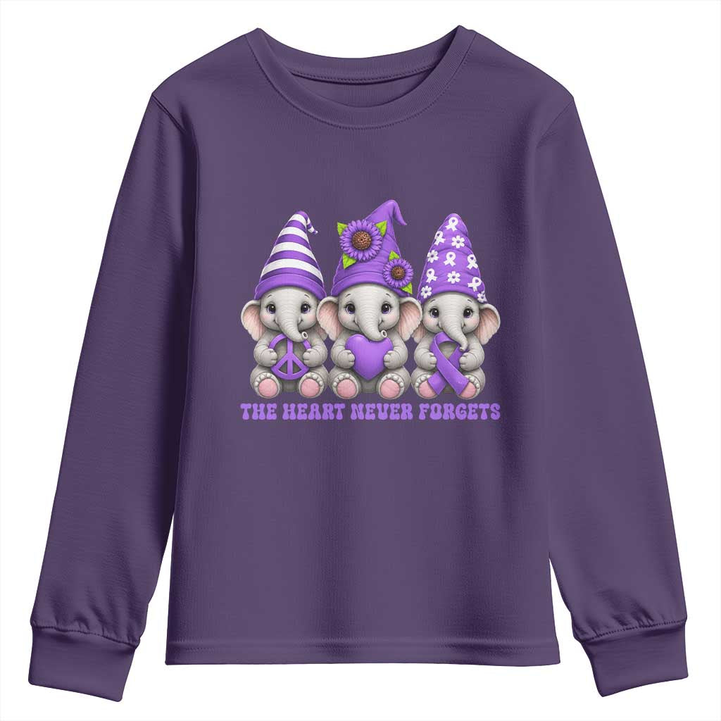 Cute Elephant Gnome Purple Ribbon Alzheimer's Support Youth Sweatshirt The Heart Never Forgets TS12 Purple Print Your Wear