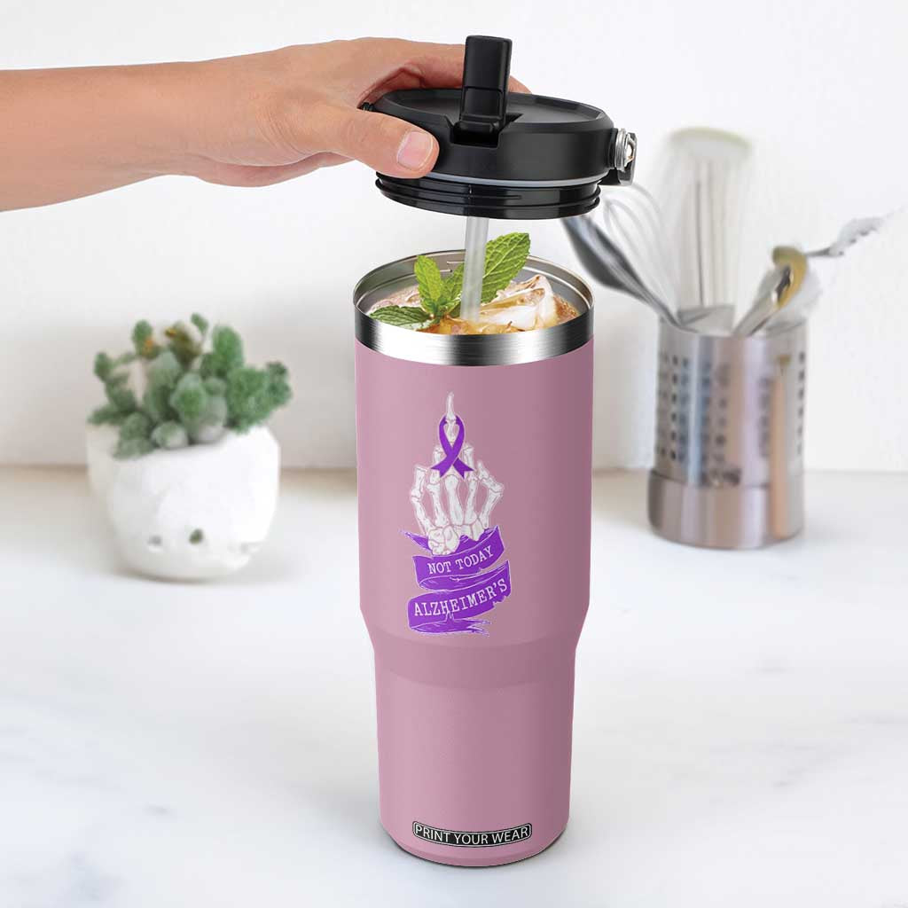Not Today Alzheimers Flip Straw Tumbler Funny Skeleton Middle Finger Purple Ribbon