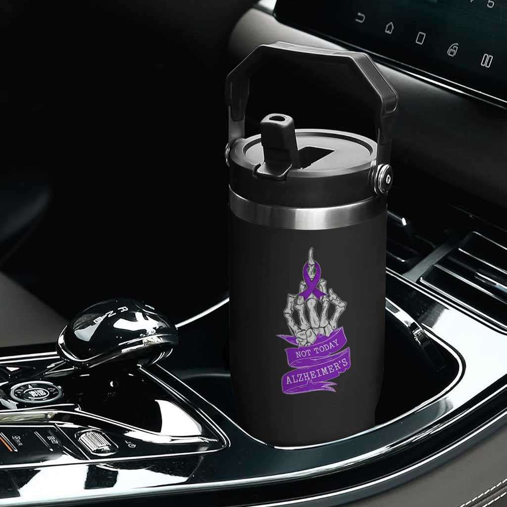 Not Today Alzheimers Flip Straw Tumbler Funny Skeleton Middle Finger Purple Ribbon