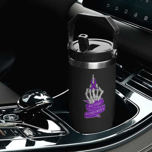 Not Today Alzheimers Flip Straw Tumbler Funny Skeleton Middle Finger Purple Ribbon