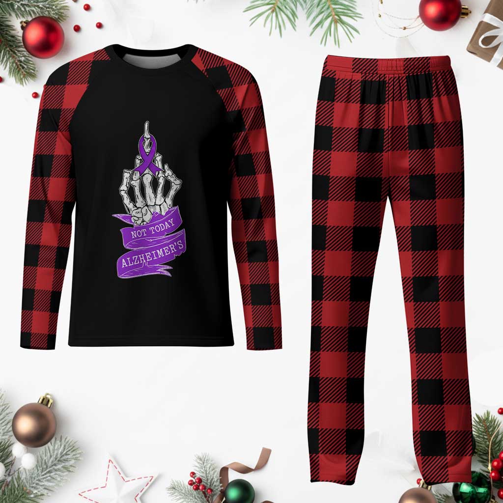 Not Today Alzheimers Plaid Pajama Set Funny Skeleton Middle Finger Purple Ribbon