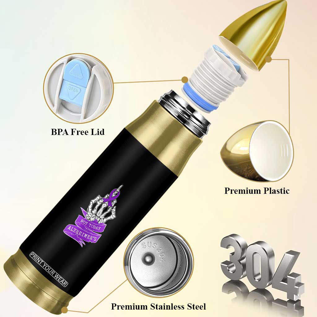 Not Today Alzheimers Bullet Tumbler Funny Skeleton Middle Finger Purple Ribbon