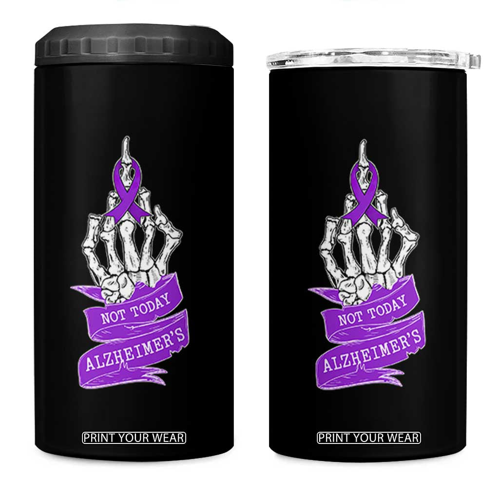 Not Today Alzheimers 4 in 1 Can Cooler Tumbler Funny Skeleton Middle Finger Purple Ribbon