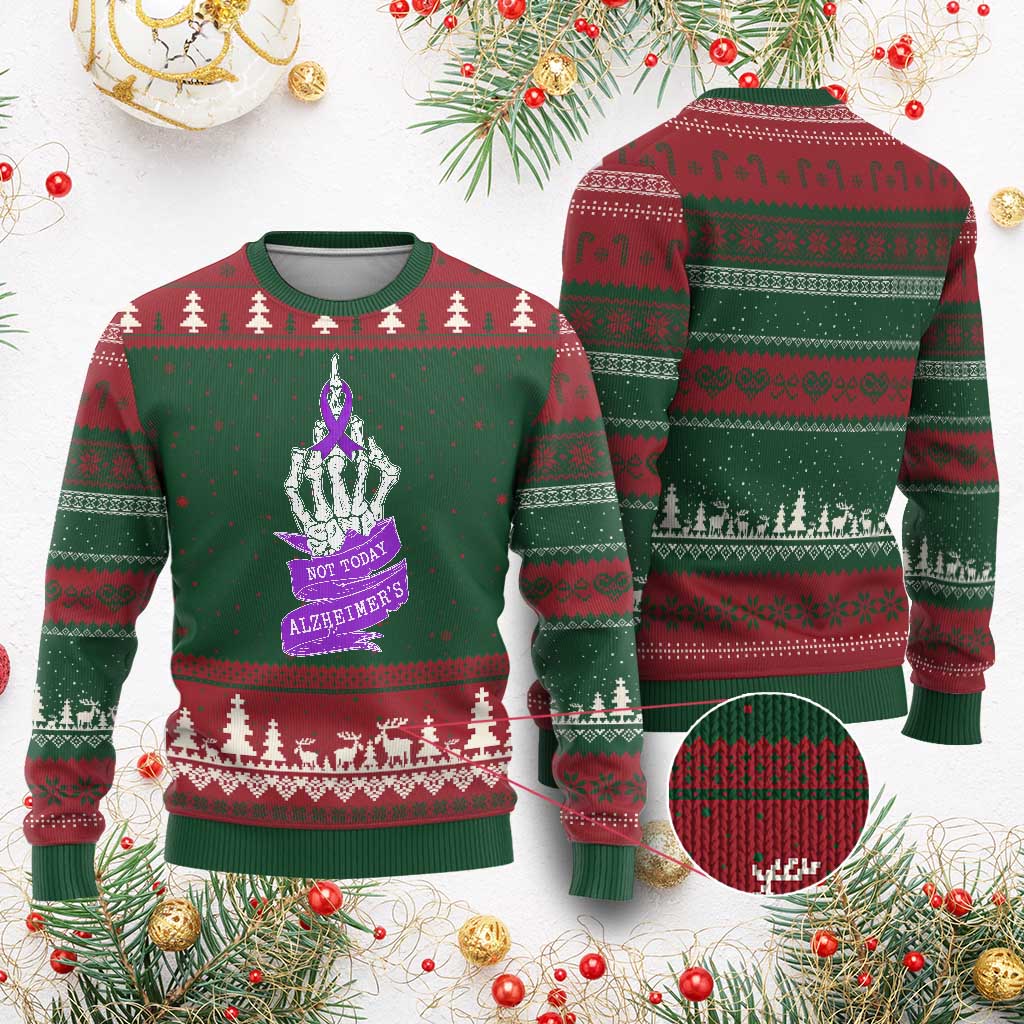 Not Today Alzheimers Ugly Christmas Sweater Funny Skeleton Middle Finger Purple Ribbon