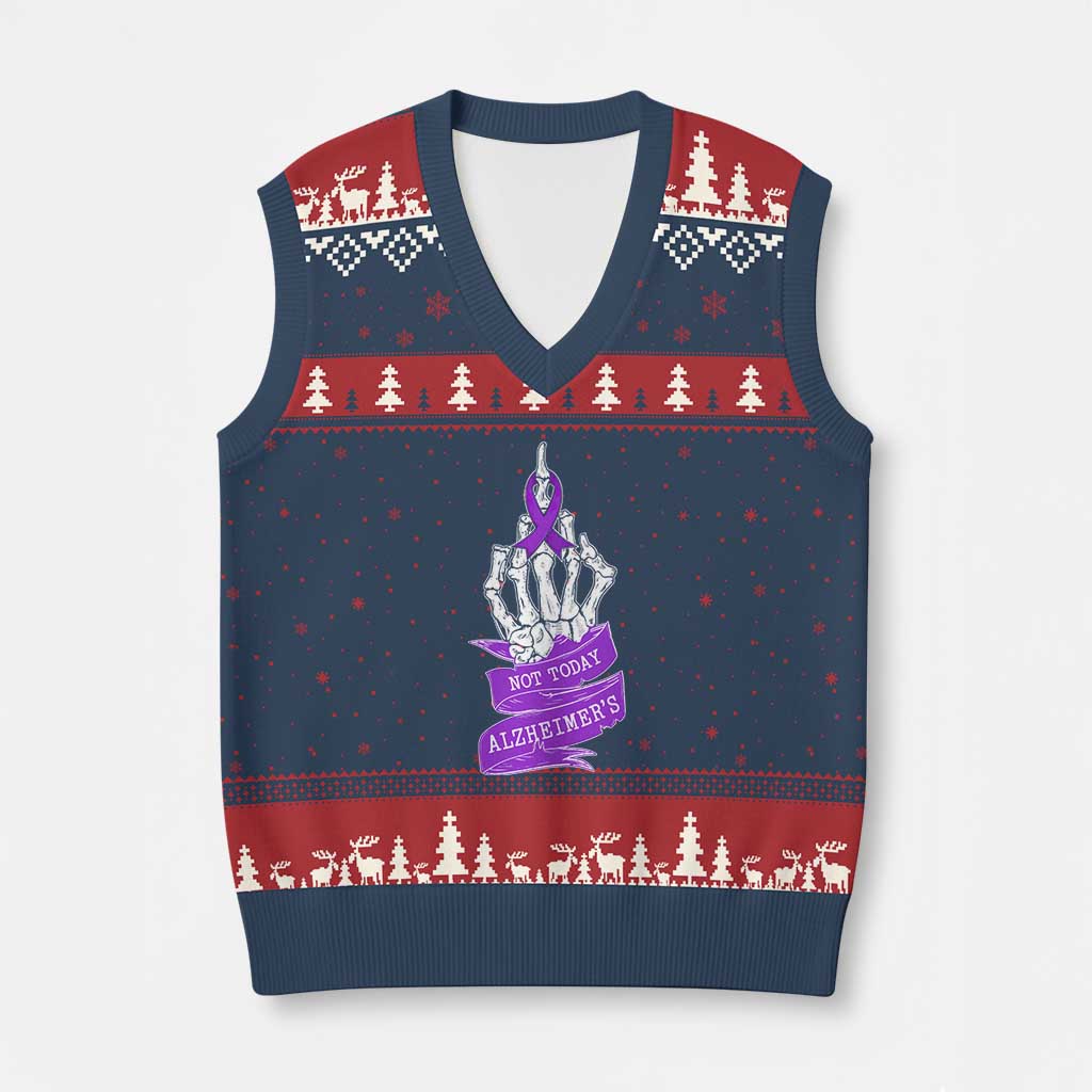 Not Today Alzheimers V-Neck Knit Sweater Vest Funny Skeleton Middle Finger Purple Ribbon TS12 Navy Red Print Your Wear
