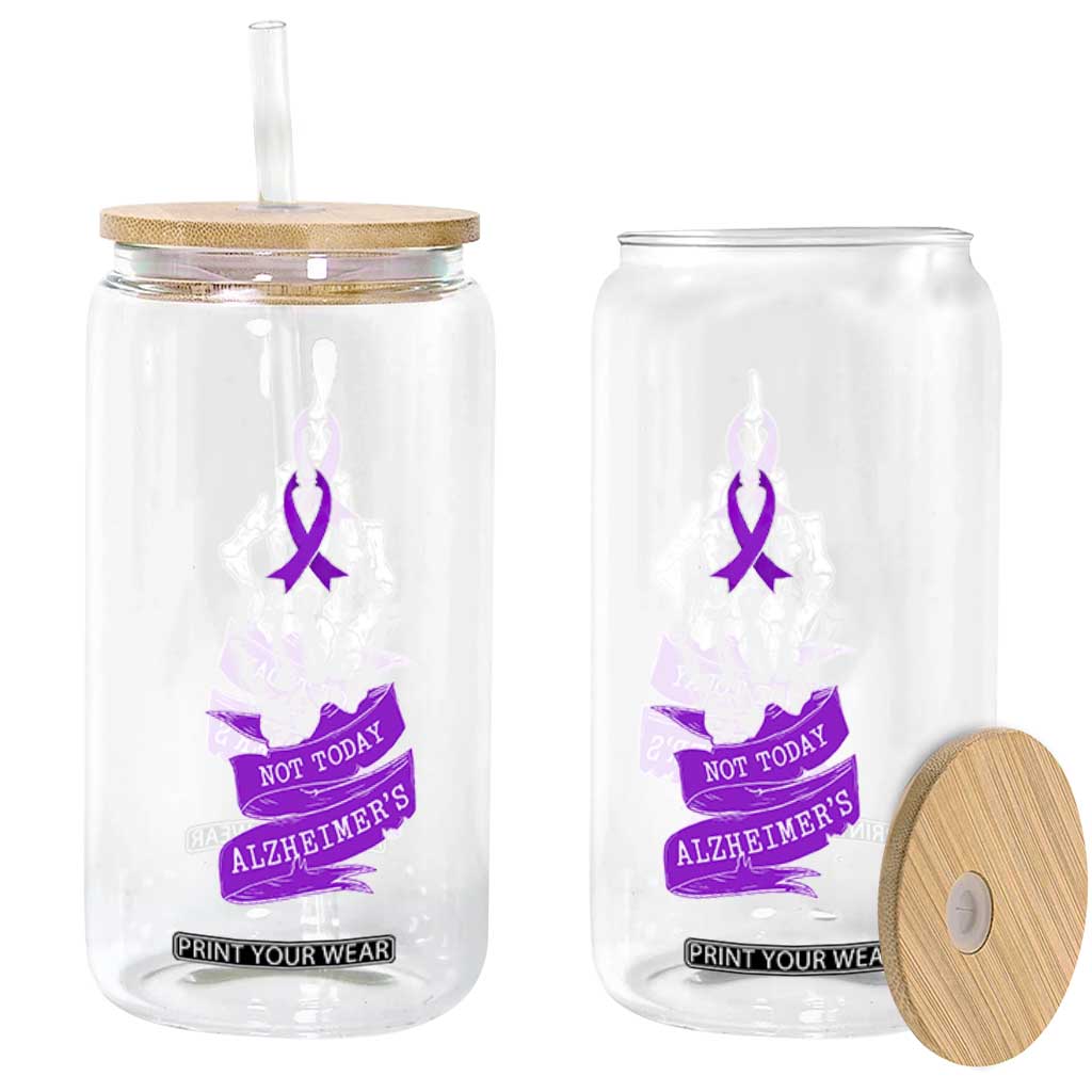 Not Today Alzheimers Glass Can Funny Skeleton Middle Finger Purple Ribbon