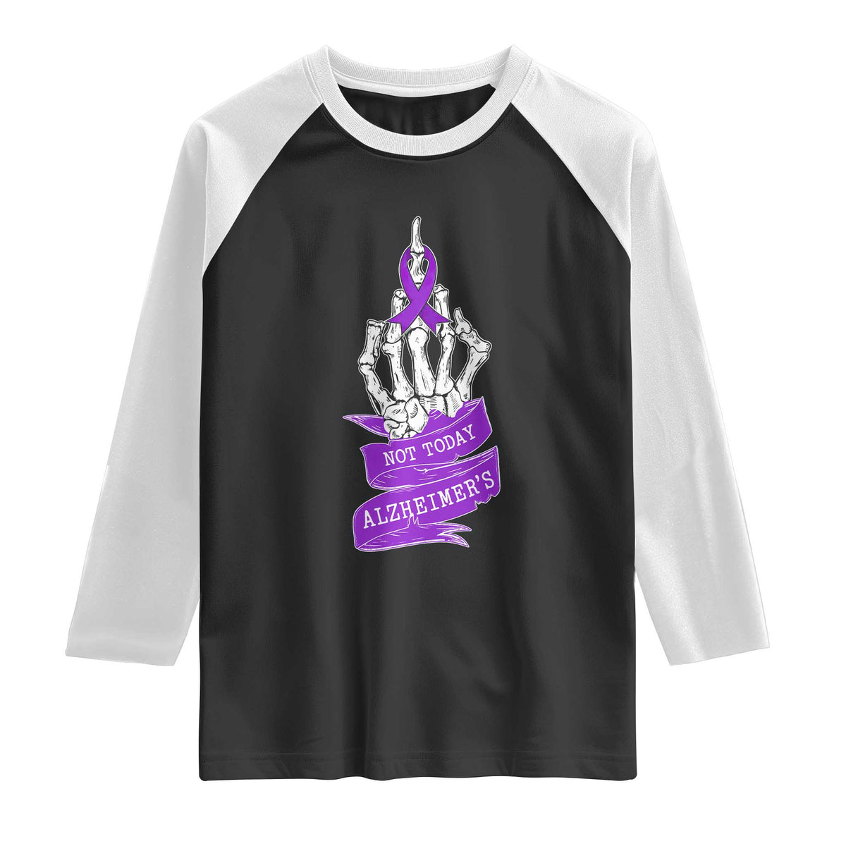 Not Today Alzheimers Raglan Shirt Funny Skeleton Middle Finger Purple Ribbon