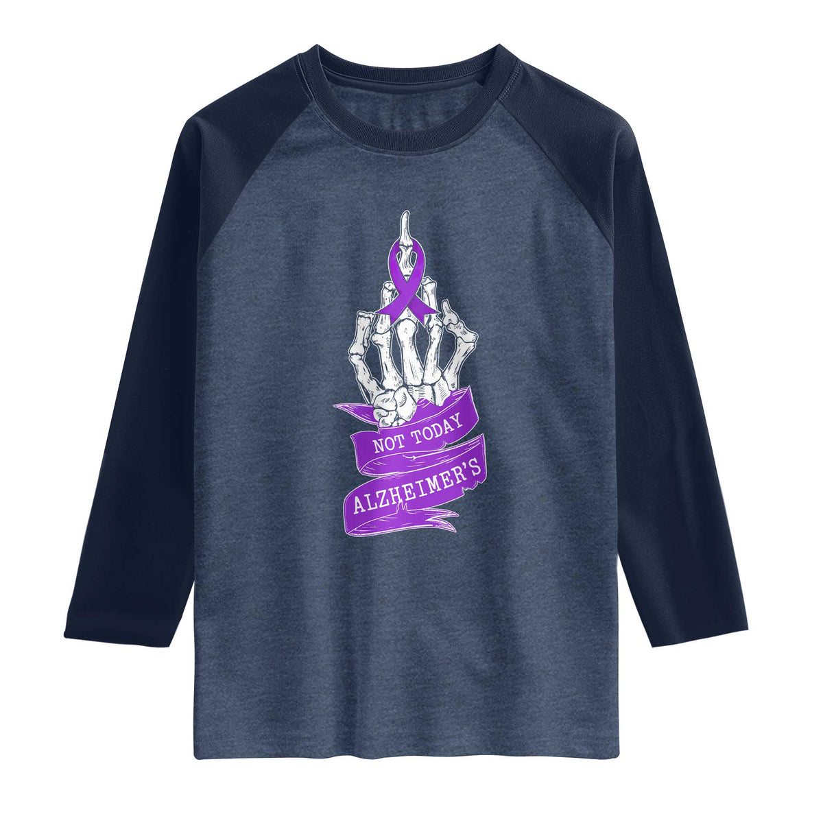 Not Today Alzheimers Raglan Shirt Funny Skeleton Middle Finger Purple Ribbon