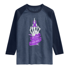 Not Today Alzheimers Raglan Shirt Funny Skeleton Middle Finger Purple Ribbon