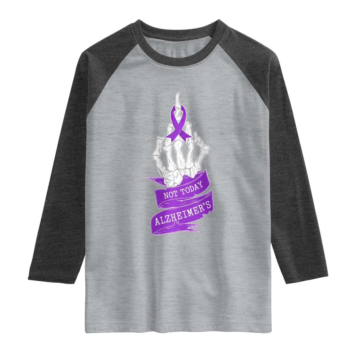 Not Today Alzheimers Raglan Shirt Funny Skeleton Middle Finger Purple Ribbon