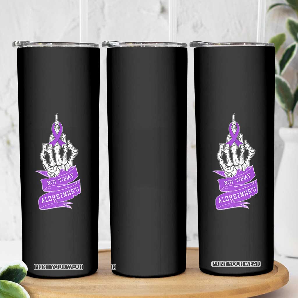 Not Today Alzheimers Skinny Tumbler Funny Skeleton Middle Finger Purple Ribbon