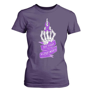 Not Today Alzheimers T Shirt For Women Funny Skeleton Middle Finger Purple Ribbon