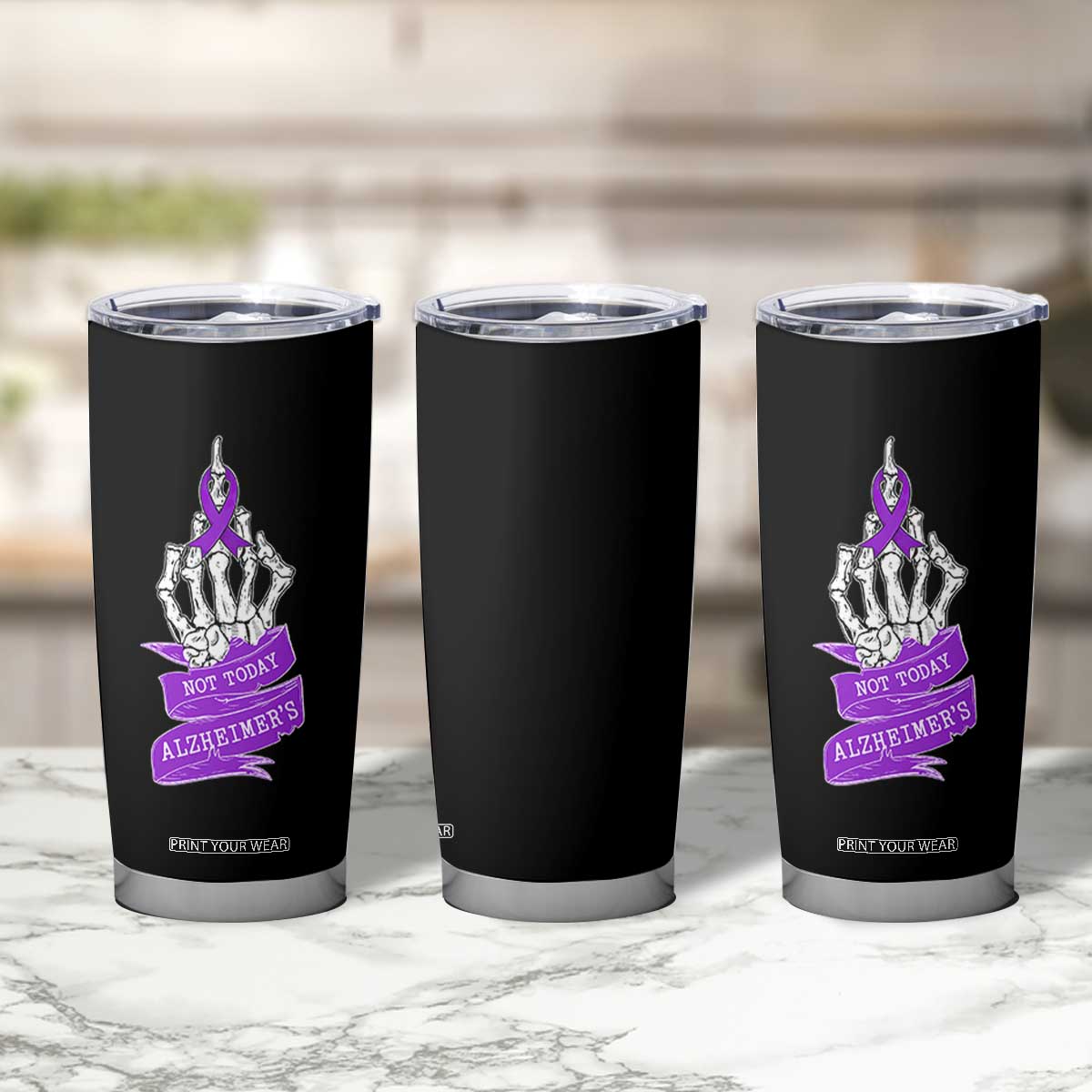 Not Today Alzheimers Tumbler Cup Funny Skeleton Middle Finger Purple Ribbon