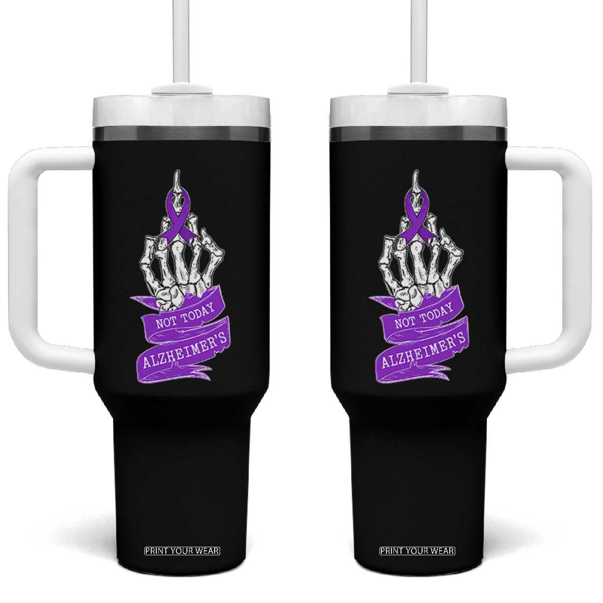 Not Today Alzheimers Tumbler With Handle Funny Skeleton Middle Finger Purple Ribbon