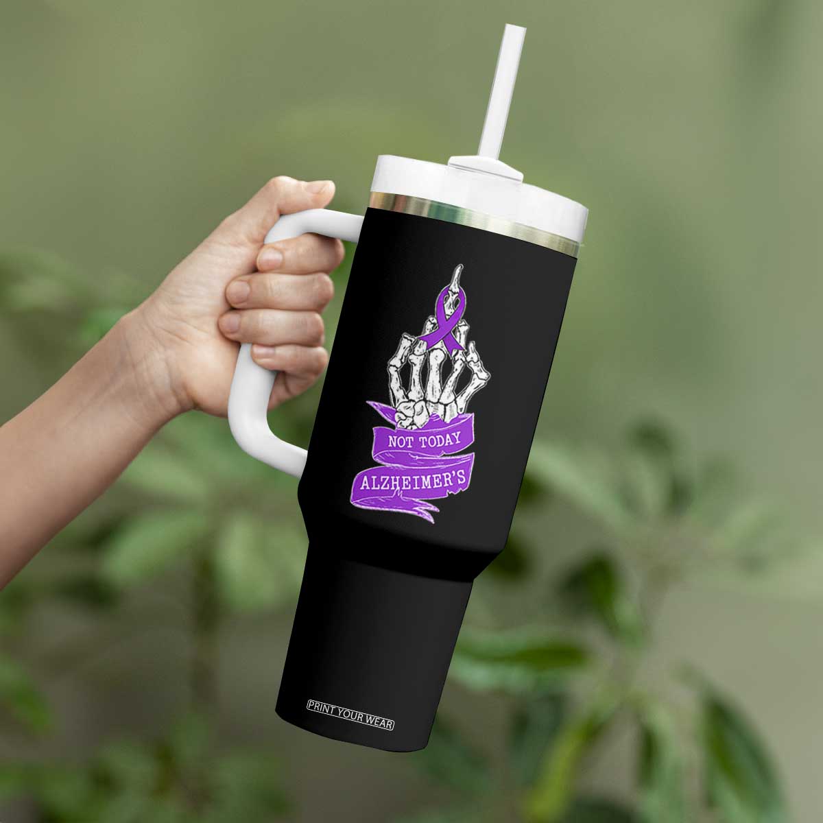 Not Today Alzheimers Tumbler With Handle Funny Skeleton Middle Finger Purple Ribbon