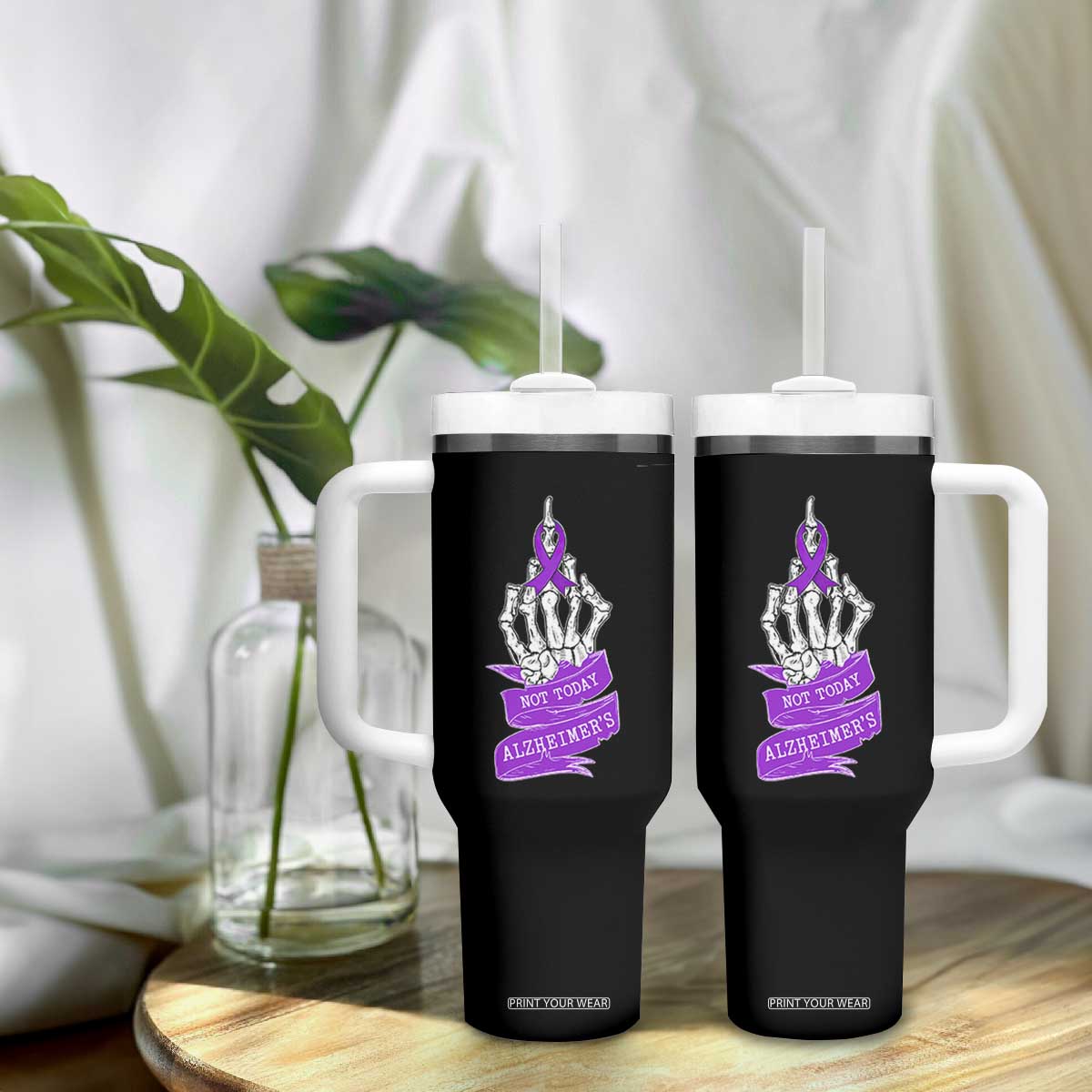 Not Today Alzheimers Tumbler With Handle Funny Skeleton Middle Finger Purple Ribbon