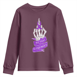 Not Today Alzheimers Youth Sweatshirt Funny Skeleton Middle Finger Purple Ribbon