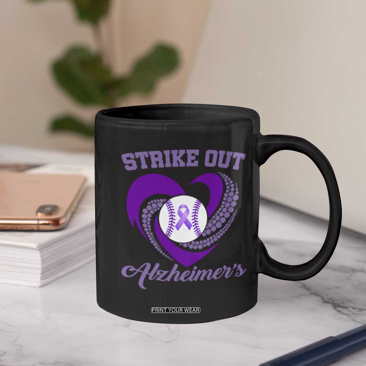 Strike Out Alzheimers Coffee Mug Purple Ribbon Baseball Hope Support