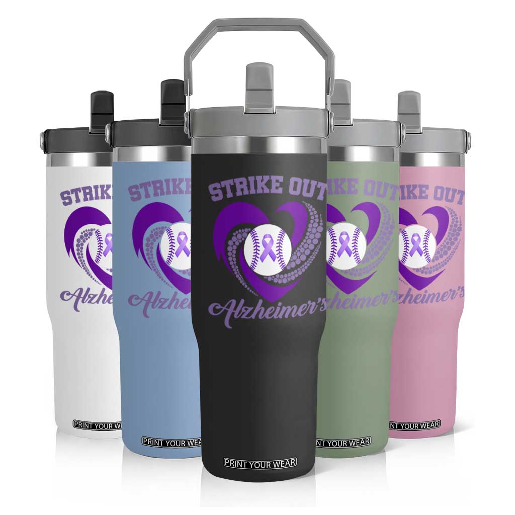 Strike Out Alzheimers Flip Straw Tumbler Purple Ribbon Baseball Hope Support