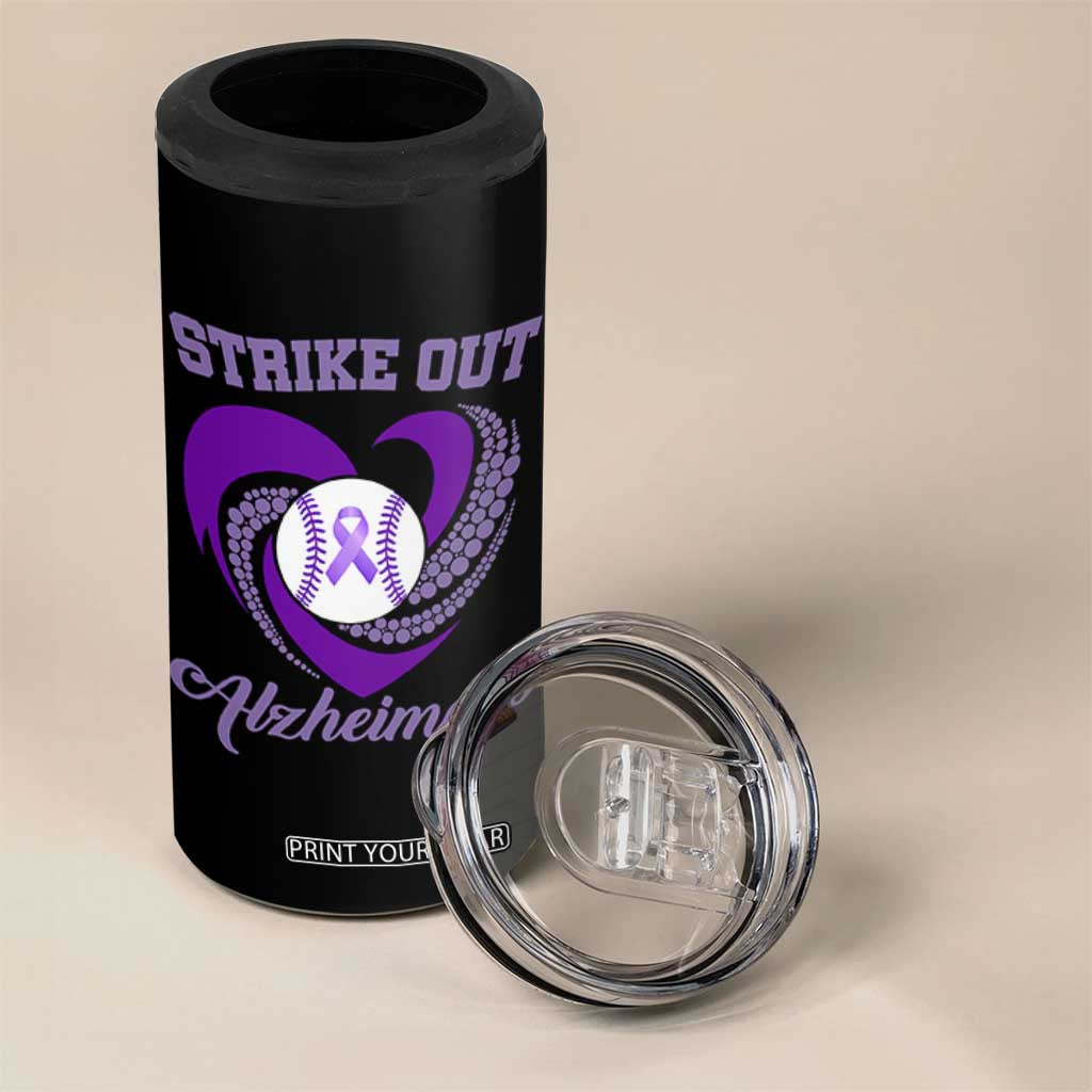 Strike Out Alzheimers 4 in 1 Can Cooler Tumbler Purple Ribbon Baseball Hope Support