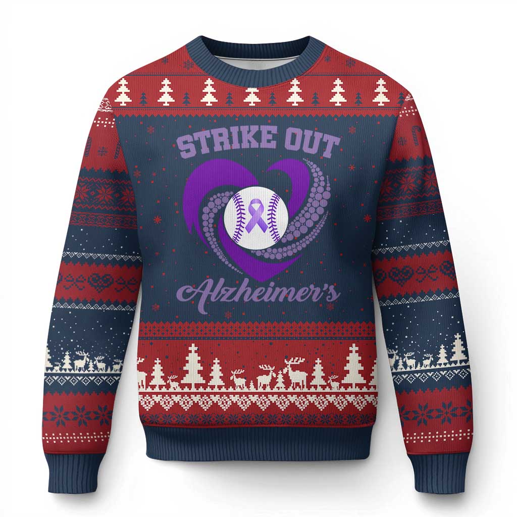 Strike Out Alzheimers Ugly Christmas Sweater Purple Ribbon Baseball Hope Support