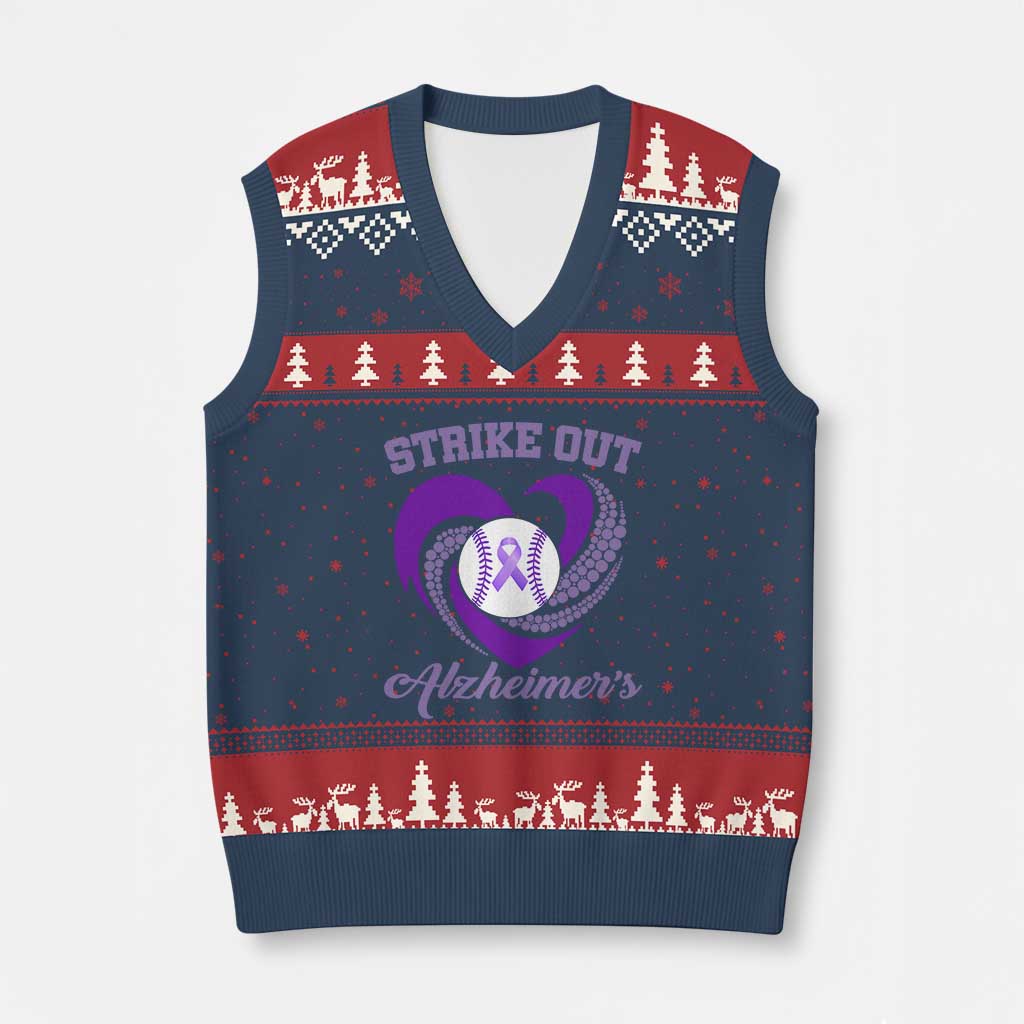 Strike Out Alzheimers V-Neck Knit Sweater Vest Purple Ribbon Baseball Hope Support TS12 Navy Red Print Your Wear