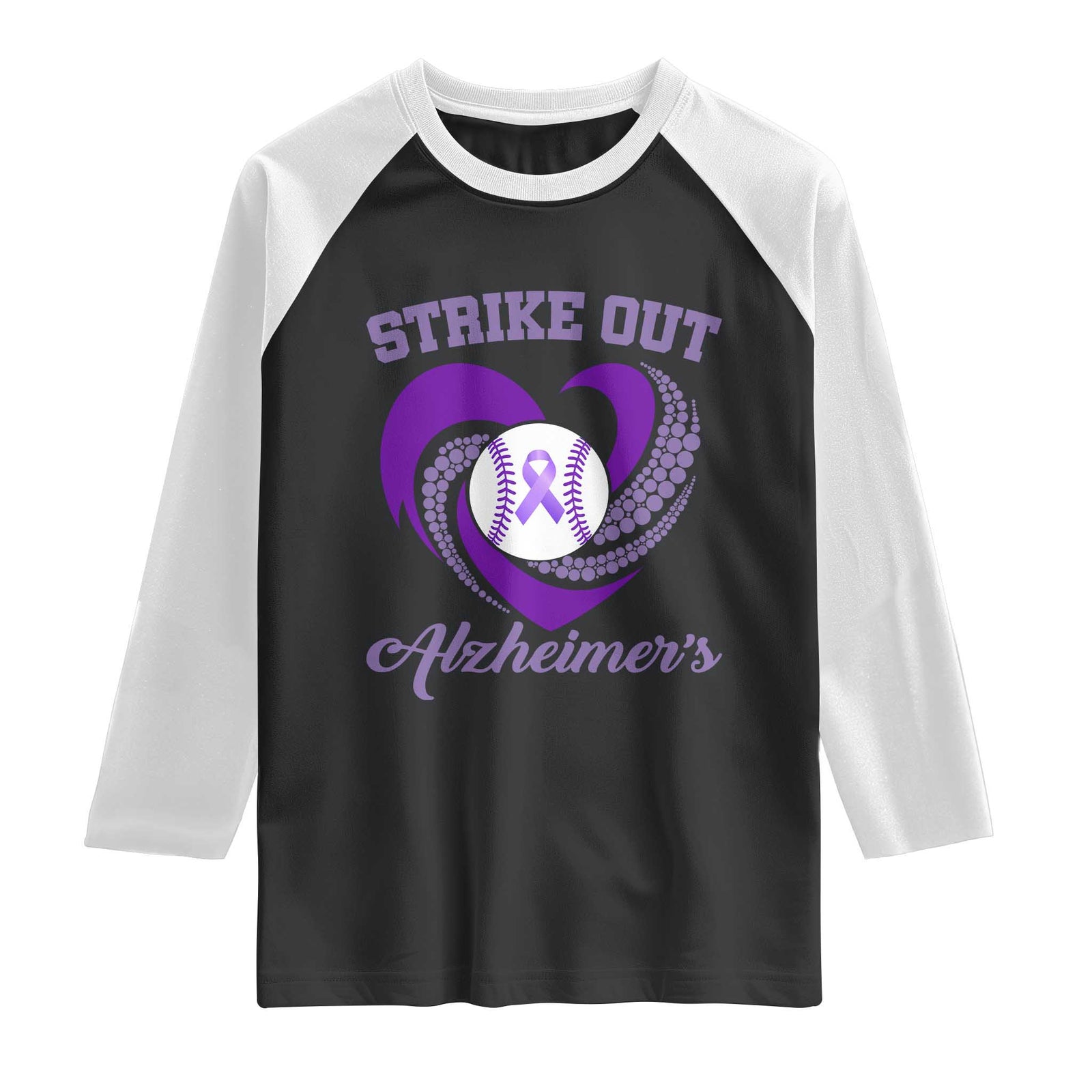 Strike Out Alzheimers Raglan Shirt Purple Ribbon Baseball Hope Support TS12 Black White Print Your Wear